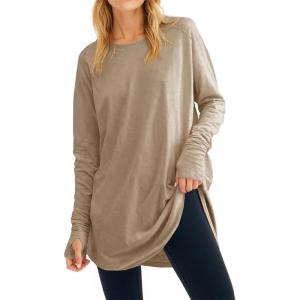 Fisoew Women’s Casual Long Sleeve Tops Crew Neck Round Hem Loose T-Shirts Tunic Tops with Thumb Holes(Khaki)