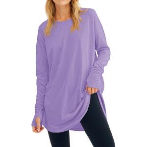 Fisoew Women’s Casual Long Sleeve Tops Crew Neck Round Hem Loose T-Shirts Tunic Tops with Thumb Holes(Light Purple)