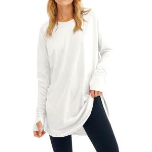 Fisoew Women’s Casual Long Sleeve Tops Crew Neck Round Hem Loose T-Shirts Tunic Tops with Thumb Holes(White)