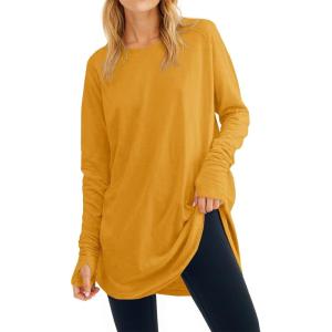 Fisoew Women’s Casual Long Sleeve Tops Crew Neck Round Hem Loose T-Shirts Tunic Tops with Thumb Holes(Yellow)
