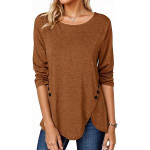 Fisoew Womens Casual Long Sleeve Tunic Tops Round Neck Shirt Button Side Basic Tees Wearring with Leggings(Coffee)