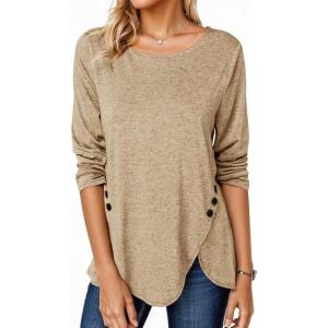 Fisoew Womens Casual Long Sleeve Tunic Tops Round Neck Shirt Button Side Basic Tees Wearring with Leggings(Khaki)