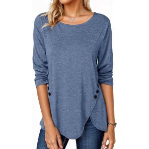 Fisoew Womens Casual Long Sleeve Tunic Tops Round Neck Shirt Button Side Basic Tees Wearring with Leggings(Navy Blue)
