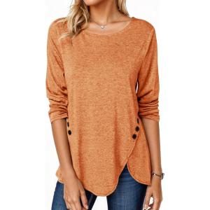 Fisoew Womens Casual Long Sleeve Tunic Tops Round Neck Shirt Button Side Basic Tees Wearring with Leggings(Orange)