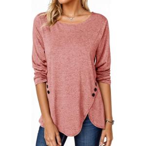 Fisoew Womens Casual Long Sleeve Tunic Tops Round Neck Shirt Button Side Basic Tees Wearring with Leggings(Pink)