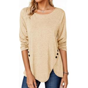 Fisoew Womens Casual Long Sleeve Tunic Tops Round Neck Shirt Button Side Basic Tees Wearring with Leggings(W-beige)
