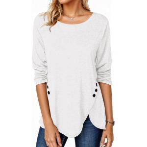 Fisoew Womens Casual Long Sleeve Tunic Tops Round Neck Shirt Button Side Basic Tees Wearring with Leggings(White)