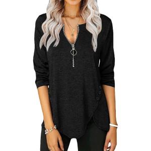 Fisoew Womens Casual Long Sleeve Tunic Tops Round Neck Shirt Button Side Basic Tees Wearring with Leggings(X-black)