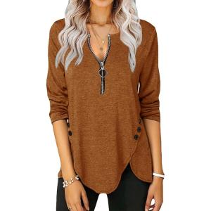 Fisoew Womens Casual Long Sleeve Tunic Tops Round Neck Shirt Button Side Basic Tees Wearring with Leggings(X-brown)