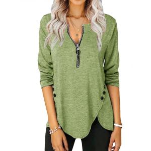 Fisoew Womens Casual Long Sleeve Tunic Tops Round Neck Shirt Button Side Basic Tees Wearring with Leggings(X-green)