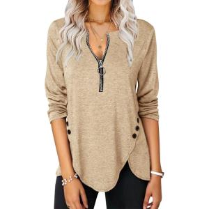 Fisoew Womens Casual Long Sleeve Tunic Tops Round Neck Shirt Button Side Basic Tees Wearring with Leggings(X-khaki)