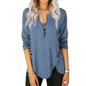 Fisoew Womens Casual Long Sleeve Tunic Tops Round Neck Shirt Button Side Basic Tees Wearring with Leggings(X-navy Blue)