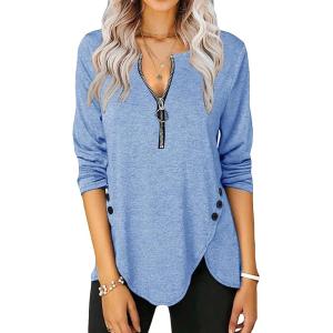 Fisoew Womens Casual Long Sleeve Tunic Tops Round Neck Shirt Button Side Basic Tees Wearring with Leggings(X-sky Blue)