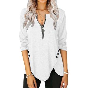 Fisoew Womens Casual Long Sleeve Tunic Tops Round Neck Shirt Button Side Basic Tees Wearring with Leggings(X-white)