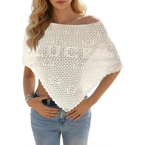 Fisoew Womens Crochet Cover Up Summer Sheer Ponchos Shawl Boho Beach Vacation Off The Shoulder Knit Tops Swimsuit Coverups(Beige)