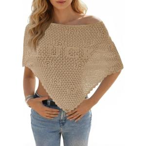 Fisoew Womens Crochet Cover Up Summer Sheer Ponchos Shawl Boho Beach Vacation Off The Shoulder Knit Tops Swimsuit Coverups(Khaki)