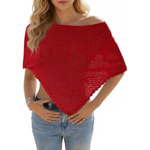 Fisoew Womens Crochet Cover Up Summer Sheer Ponchos Shawl Boho Beach Vacation Off The Shoulder Knit Tops Swimsuit Coverups(Red)