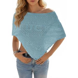 Fisoew Womens Crochet Cover Up Summer Sheer Ponchos Shawl Boho Beach Vacation Off The Shoulder Knit Tops Swimsuit Coverups(Sky Blue)
