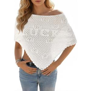 Fisoew Womens Crochet Cover Up Summer Sheer Ponchos Shawl Boho Beach Vacation Off The Shoulder Knit Tops Swimsuit Coverups(White)