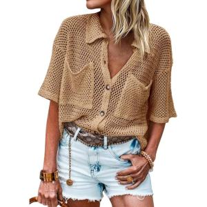 Fisoew Womens Crochet Lightweight Cardigan Sweaters Short Sleeve Summer Button Down Collared Loose Cover Up Shirts(Khaki)