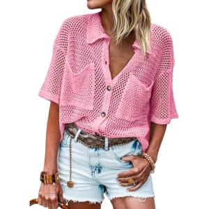 Fisoew Womens Crochet Lightweight Cardigan Sweaters Short Sleeve Summer Button Down Collared Loose Cover Up Shirts(Pink)