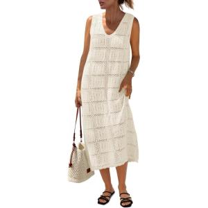 Fisoew Womens Crochet Sleeveless Dress Casual Summer V Neck Boho Knit Cover Up Beach Vacation Midi Tank Dresses(Beige)
