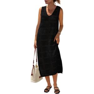 Fisoew Womens Crochet Sleeveless Dress Casual Summer V Neck Boho Knit Cover Up Beach Vacation Midi Tank Dresses(Black)