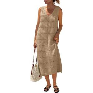 Fisoew Womens Crochet Sleeveless Dress Casual Summer V Neck Boho Knit Cover Up Beach Vacation Midi Tank Dresses(Khaki)