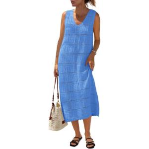 Fisoew Womens Crochet Sleeveless Dress Casual Summer V Neck Boho Knit Cover Up Beach Vacation Midi Tank Dresses(Light Blue)