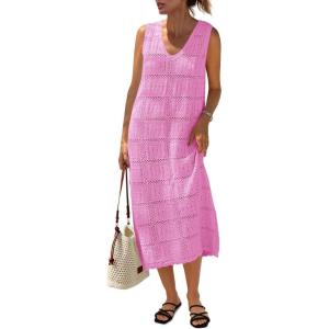 Fisoew Womens Crochet Sleeveless Dress Casual Summer V Neck Boho Knit Cover Up Beach Vacation Midi Tank Dresses(Pink)