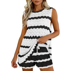 Fisoew Womens Crochet Swimsuit Coverup Sets Sleeveless Tank Tops Drawstring Shorts Sets Summer Beach Vacation Outfit(Black)