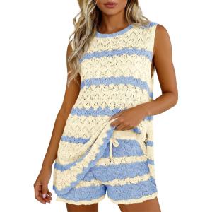 Fisoew Womens Crochet Swimsuit Coverup Sets Sleeveless Tank Tops Drawstring Shorts Sets Summer Beach Vacation Outfit(Yellow)