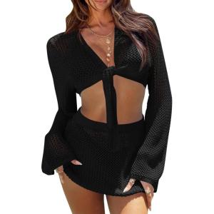 Fisoew Womens Crochet Swimsuit Coverups 2 Piece Bathing Suit Cover Up Long Sleeve Tie Front Crop Top Mini Skirt Sets(Black)