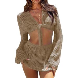 Fisoew Womens Crochet Swimsuit Coverups 2 Piece Bathing Suit Cover Up Long Sleeve Tie Front Crop Top Mini Skirt Sets(Khaki)