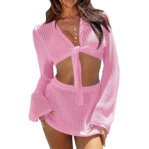 Fisoew Womens Crochet Swimsuit Coverups 2 Piece Bathing Suit Cover Up Long Sleeve Tie Front Crop Top Mini Skirt Sets(Pink)