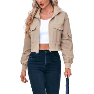 Fisoew Women’s Cropped Bomber Jackets Lightweight Zip Up Stand Collar Long Sleeve Short Jacket with Pockets(Khaki)