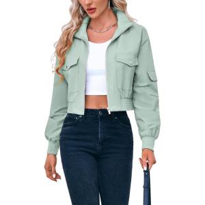 Fisoew Women’s Cropped Bomber Jackets Lightweight Zip Up Stand Collar Long Sleeve Short Jacket with Pockets(Mint Color)