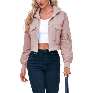 Fisoew Women’s Cropped Bomber Jackets Lightweight Zip Up Stand Collar Long Sleeve Short Jacket with Pockets(Pink)