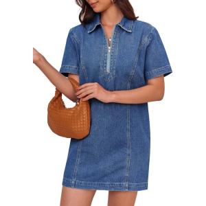 Fisoew Women’s Denim Mini Dress Short Sleeve Summer Casual Half Zip Polo Neck Short Jean Dress(Blue)