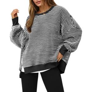 Fisoew Women’s Fall Oversized Sweatshirt Casual Waffle Knit Long Sleeve Crewneck Split Pullover Tunic Tops(Black)