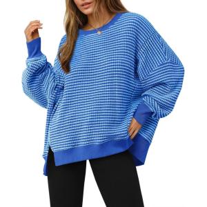 Fisoew Women’s Fall Oversized Sweatshirt Casual Waffle Knit Long Sleeve Crewneck Split Pullover Tunic Tops(Blue)