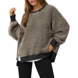 Fisoew Women’s Fall Oversized Sweatshirt Casual Waffle Knit Long Sleeve Crewneck Split Pullover Tunic Tops(Camel)
