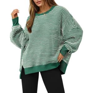 Fisoew Women’s Fall Oversized Sweatshirt Casual Waffle Knit Long Sleeve Crewneck Split Pullover Tunic Tops(Green)