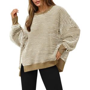 Fisoew Women’s Fall Oversized Sweatshirt Casual Waffle Knit Long Sleeve Crewneck Split Pullover Tunic Tops(Khaki)