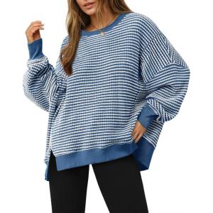 Fisoew Women’s Fall Oversized Sweatshirt Casual Waffle Knit Long Sleeve Crewneck Split Pullover Tunic Tops(Navy)