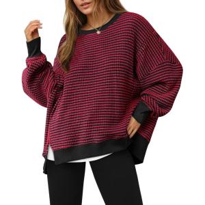 Fisoew Women’s Fall Oversized Sweatshirt Casual Waffle Knit Long Sleeve Crewneck Split Pullover Tunic Tops(Red)