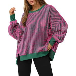 Fisoew Women’s Fall Oversized Sweatshirt Casual Waffle Knit Long Sleeve Crewneck Split Pullover Tunic Tops(Rose Red)