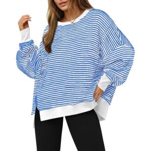 Fisoew Women’s Fall Oversized Sweatshirt Casual Waffle Knit Long Sleeve Crewneck Split Pullover Tunic Tops(White)