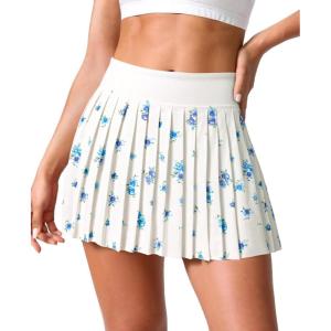 Fisoew Womens Floral Print Pleated Tennis Skirt High Waist Workout Athletic Mini Skirts with Pockets Inner Shorts(White)