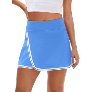 Fisoew Womens Golf Tennis Running Skorts Striped Elastic Waist Skirts Quick Dry Workout Athletic Shorts with Pockets(Blue)
